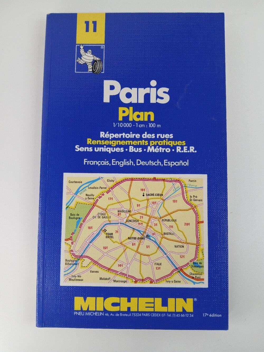 Vtg MICHELIN Blue Paris Plan Color Map 1993 French, English, German, Spanish